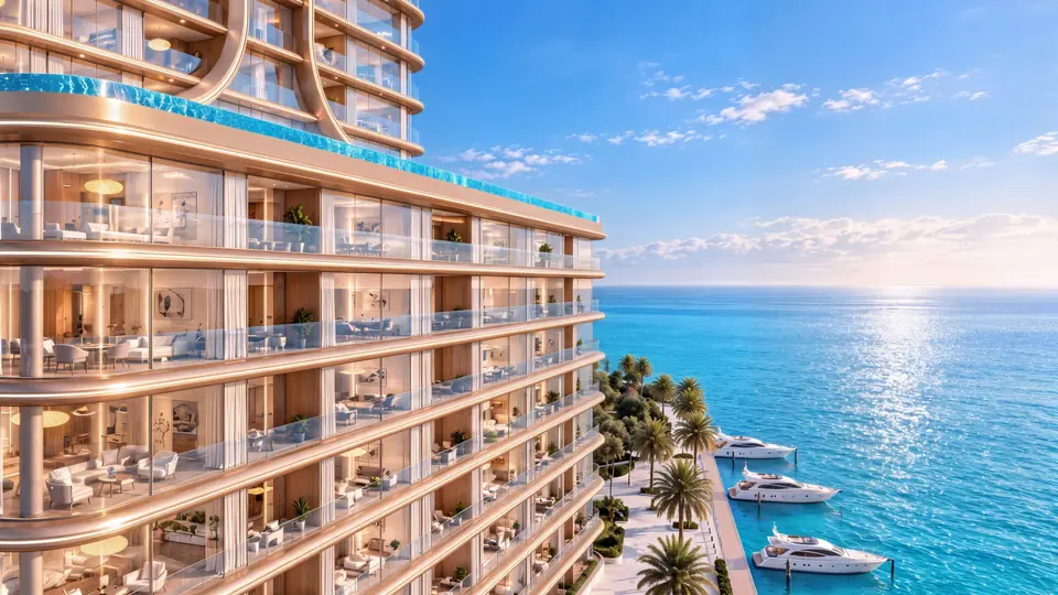 The curved facade of Shahrukhz Residences above a marina with moored yachts