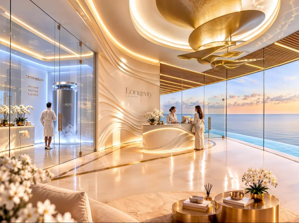 The Longevity Lounge reception with a cryotherapy chamber and a sea view at sunset