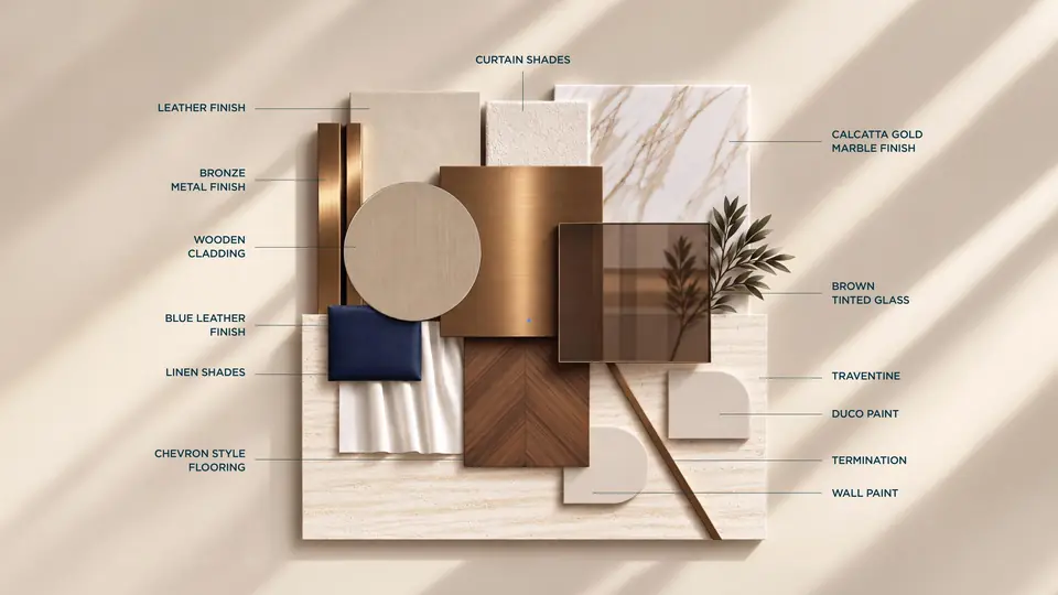 Material board: Calacatta gold marble, bronze metal, brown tinted glass, travertine, chevron wood flooring and leather