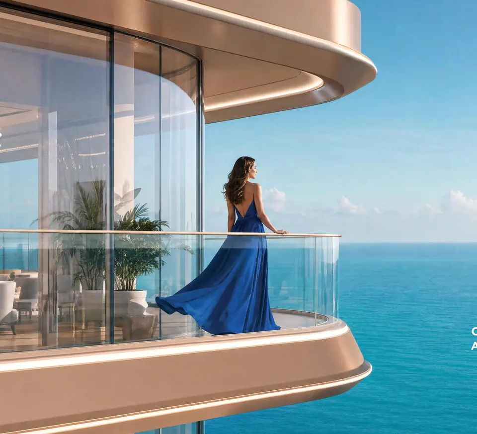 A woman on the curved glass balcony of an ocean residence, the sea all around