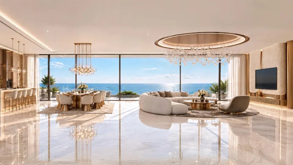 Penthouse living and dining room with a bubble chandelier and floor-to-ceiling sea views